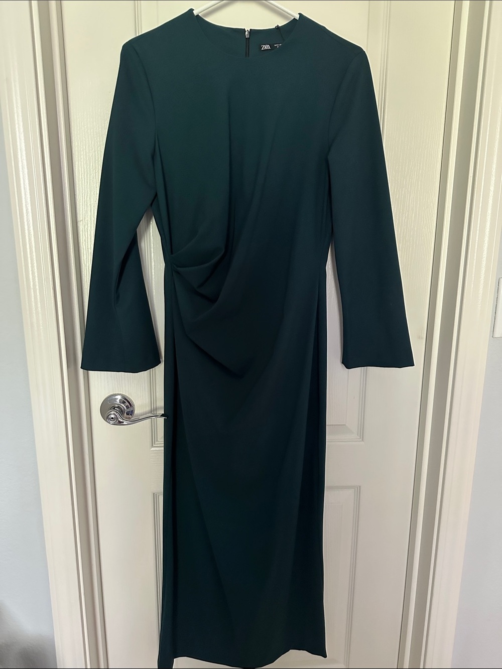 Zara Emerald Green Side-ruched Long Sleeve Midi Dress